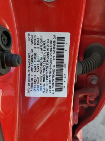 2HGFC1F71KH650192 - 2019 HONDA CIVIC EXL წითელი ფოტო 12