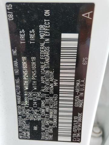 5TDKKRFH8FS102463 - 2015 TOYOTA HIGHLANDER XLE 白色 照片 13