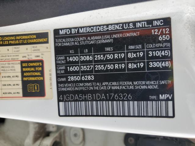 4JGDA5HB1DA176326 - 2013 MERCEDES-BENZ ML 350 4MATIC WHITE photo 13