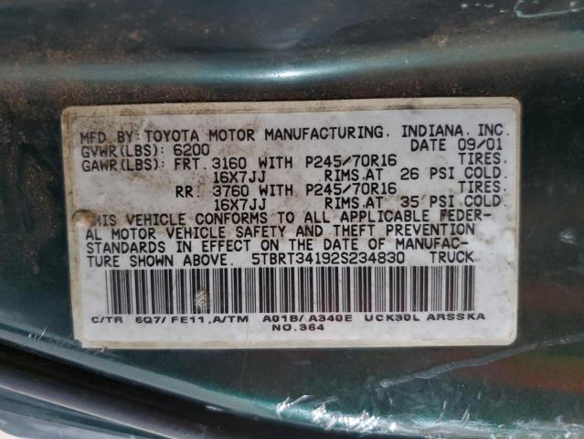 5TBRT34192S234830 - 2002 TOYOTA TUNDRA ACCESS CAB ორფეროვანი ფოტო 12