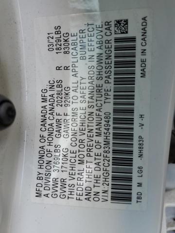 2HGFC2F83MH549480 - 2021 HONDA CIVIC SPORT 白色 照片 13