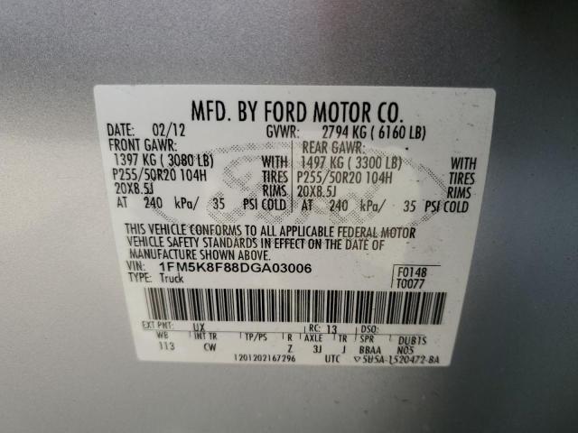 1FM5K8F88DGA03006 - 2013 FORD EXPLORER LIMITED SILVER photo 13