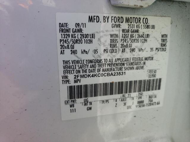 2FMDK4KC0CBA23531 - 2012 FORD EDGE LIMITED WHITE photo 12