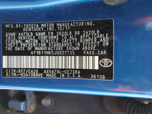 4T1B11HK5JU027735 - 2018 TOYOTA CAMRY L BLUE photo 12