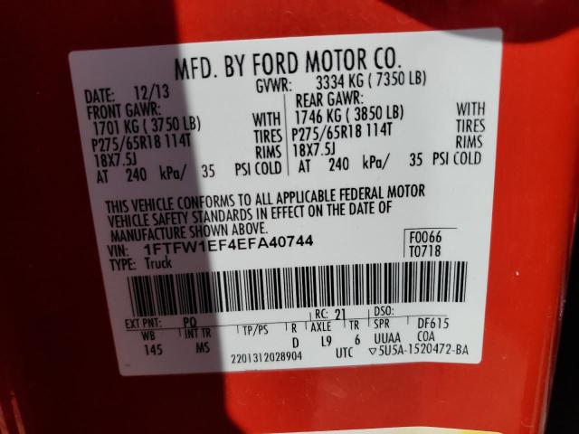 1FTFW1EF4EFA40744 - 2014 FORD F150 SUPERCREW RED photo 12