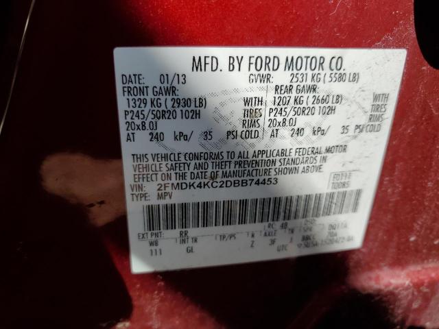 2FMDK4KC2DBB74453 - 2013 FORD EDGE LIMITED RED photo 12