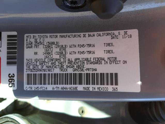 3TMBZ5DN9KM019017 - 2019 TOYOTA TACOMA DOUBLE CAB 灰色 照片 10