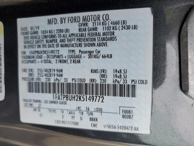 1FATP8UH2K5149772 - 2019 FORD MUSTANG CHARCOAL photo 12