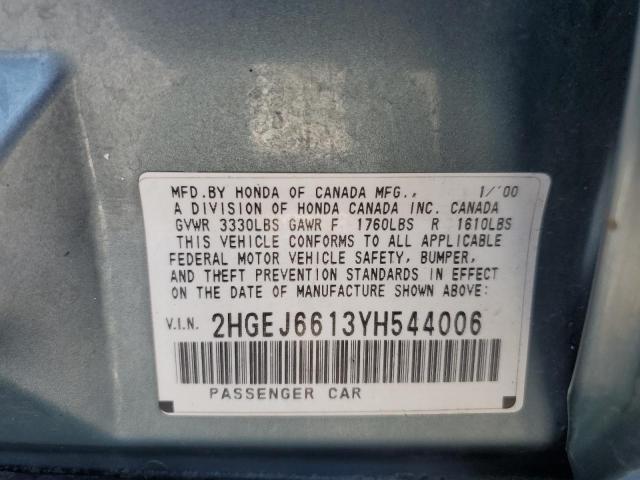 2HGEJ6613YH544006 - 2000 HONDA CIVIC BASE BLUE photo 12