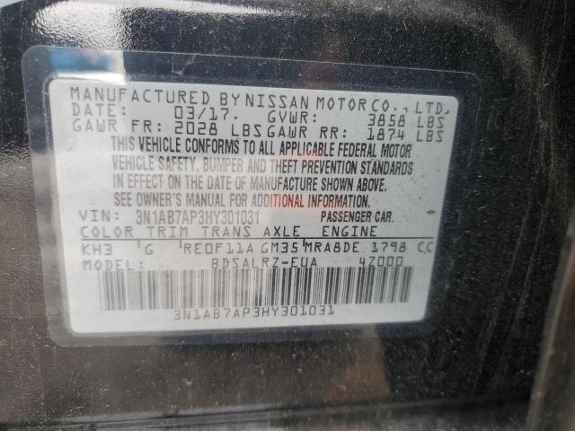 3N1AB7AP3HY301031 - 2017 NISSAN SENTRA S BLACK photo 12