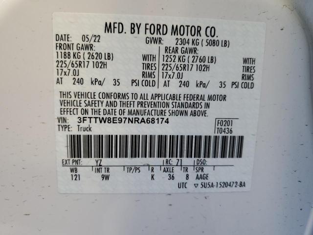 3FTTW8E97NRA68174 - 2022 FORD MAVERICK XL WHITE photo 12