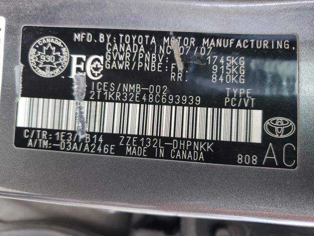 2T1KR32E48C693939 - 2008 TOYOTA COROLLA MA XR GRAY photo 12