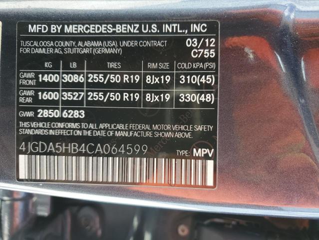 4JGDA5HB4CA064599 - 2012 MERCEDES-BENZ ML 350 4MATIC GRAY photo 13