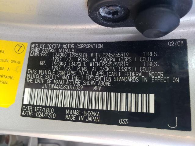 JTEEW44A082016029 - 2008 TOYOTA HIGHLANDER HYBRID LIMITED SILVER photo 12