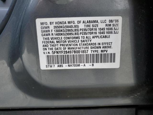 5FNYF28497B001857 - 2007 HONDA PILOT EX GRAY photo 13