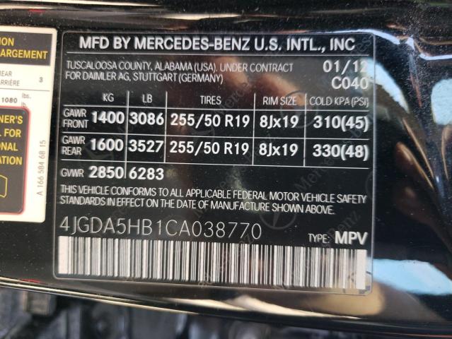 4JGDA5HB1CA038770 - 2012 MERCEDES-BENZ ML 350 4MATIC BLACK photo 13