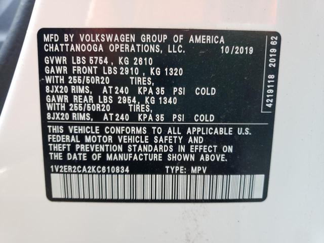1V2ER2CA2KC610834 - 2019 VOLKSWAGEN ATLAS SEL WHITE photo 13