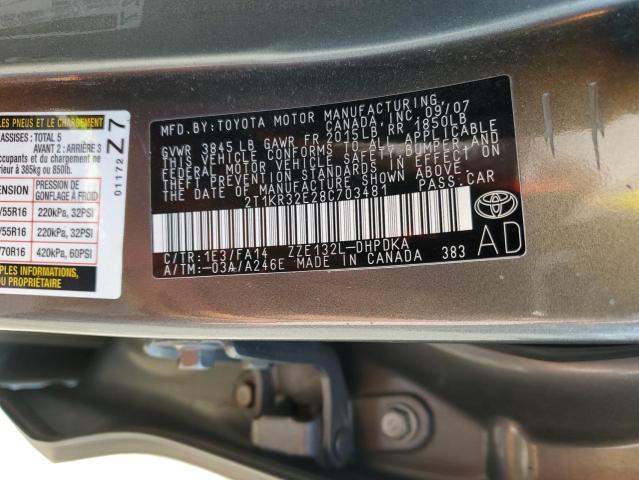 2T1KR32E28C703481 - 2008 TOYOTA COROLLA MA XR GRAY photo 13