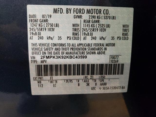 2FMPK3K92KBC43599 - 2019 FORD EDGE TITANIUM BLUE photo 13