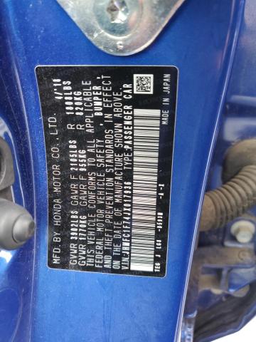 JHMFC1F74JX017936 - 2018 HONDA CIVIC EXL Կապույտ լուսանկար 12