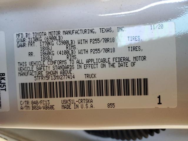 5TFRY5F13MX277414 - 2021 TOYOTA TUNDRA DOUBLE CAB SR/SR5 WHITE photo 13