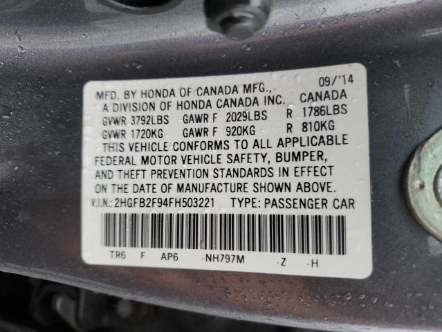 2HGFB2F94FH503221 - 2015 HONDA CIVIC EXL ნაცრისფერი ფოტო 12