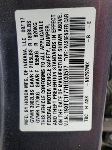 19XFC1F77HE030577 - 2017 HONDA CIVIC EXL ნაცრისფერი ფოტო 12