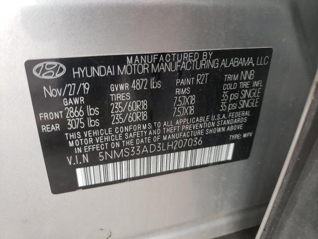 5NMS33AD3LH207036 - 2020 HYUNDAI SANTA FE SEL SILVER photo 12