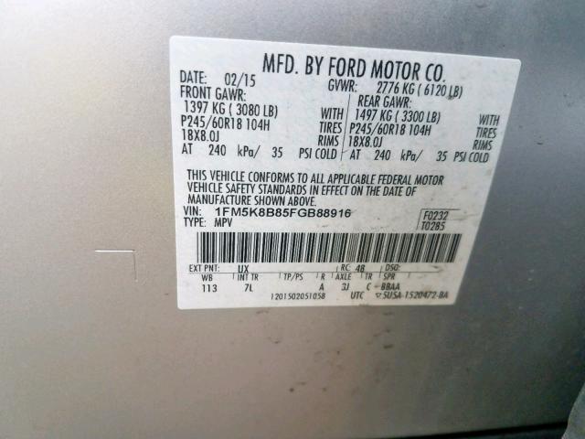 1FM5K8B85FGB88916 - 2015 FORD EXPLORER  photo 10