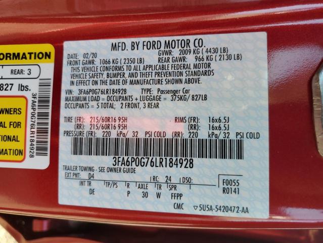 3FA6P0G76LR184928 - 2020 FORD FUSION S RED photo 12