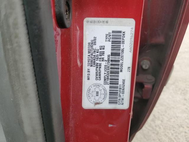 2T1BR32E33C736935 - 2003 TOYOTA COROLLA CE RED photo 12