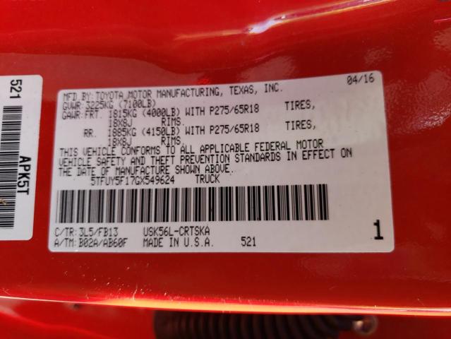 5TFUY5F17GX549624 - 2016 TOYOTA TUNDRA DOUBLE CAB SR/SR5 RED photo 12
