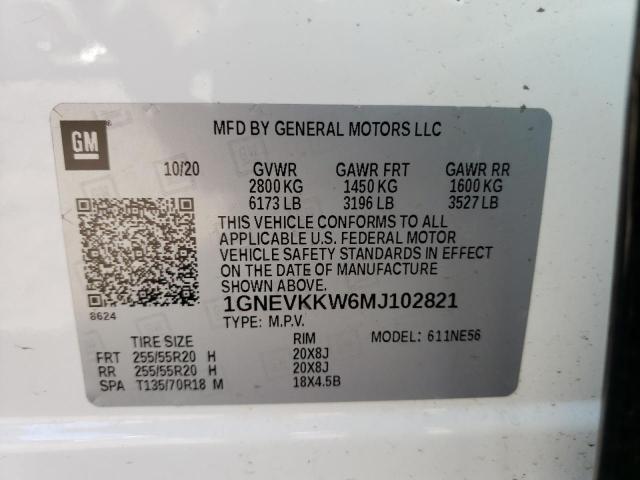 1GNEVKKW6MJ102821 - 2021 CHEVROLET TRAVERSE PREMIER WHITE photo 13