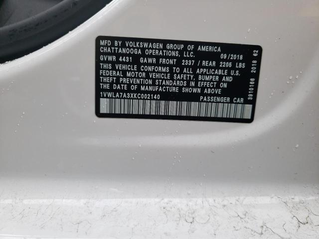 1VWLA7A3XKC002140 - 2019 VOLKSWAGEN PASSAT WOLFSBURG Blanco foto 12