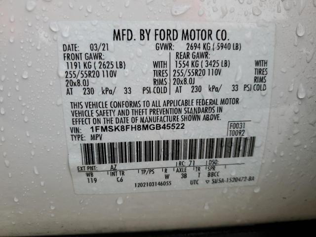 1FMSK8FH8MGB45522 - 2021 FORD EXPLORER LIMITED WHITE photo 13