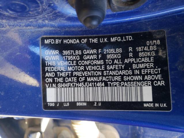 SHHFK7H45JU411464 - 2018 HONDA CIVIC SPORT 蓝色 照片 12