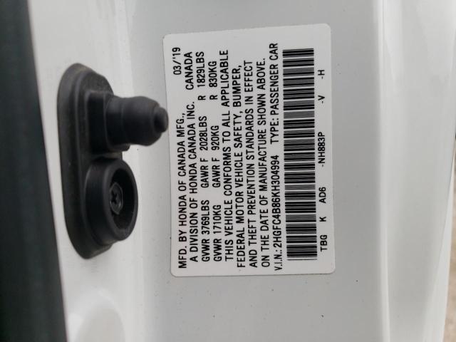 2HGFC4B86KH304994 - 2019 HONDA CIVIC SPORT 白色 照片 12