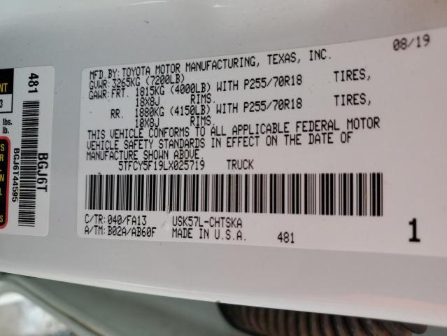 5TFCY5F19LX025719 - 2020 TOYOTA TUNDRA DOUBLE CAB SR/SR5 WHITE photo 12