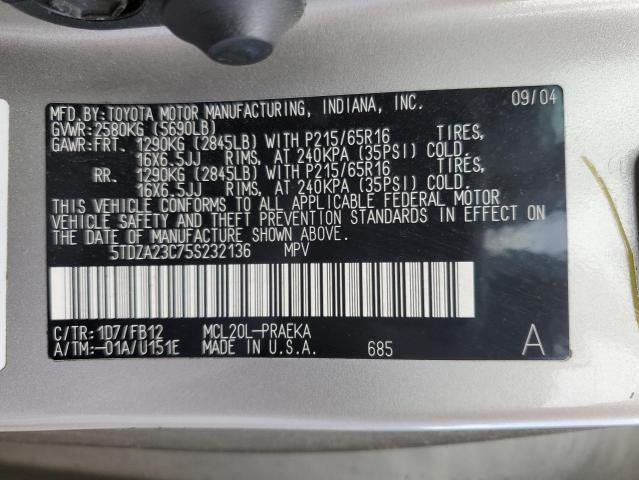 5TDZA23C75S232136 - 2005 TOYOTA SIENNA CE SILVER photo 13