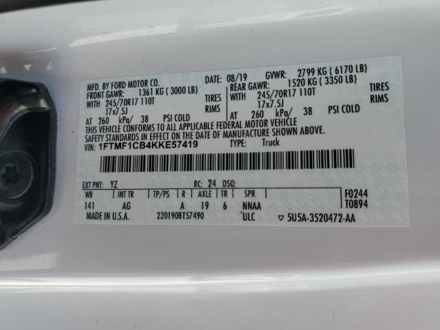 1FTMF1CB4KKE57419 - 2019 FORD F150 WHITE photo 12