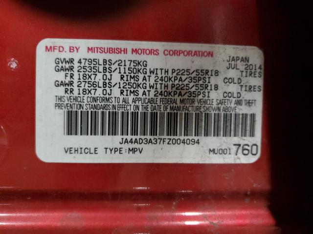 JA4AD3A37FZ004094 - 2015 MITSUBISHI OUTLANDER SE RED photo 13