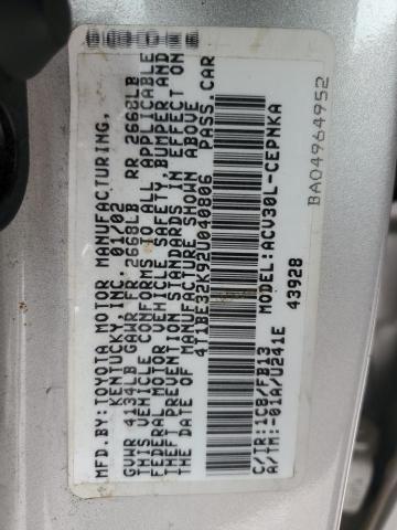 4T1BE32K92U040806 - 2002 TOYOTA CAMRY LE SILVER photo 13