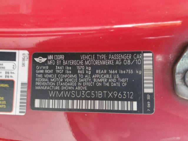 WMWSU3C51BTX96312 - 2011 MINI COOPER RED photo 14