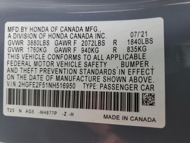 2HGFE2F51NH516950 - 2022 HONDA CIVIC SPORT GRAY photo 12