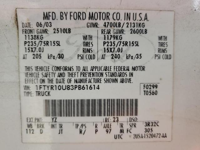 1FTYR10U83PB61614 - 2003 FORD RANGER WHITE photo 12