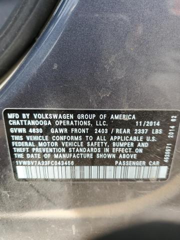 1VWBV7A33FC043456 - 2015 VOLKSWAGEN PASSAT SE SILVER photo 13