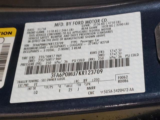 3FA6P0MU7KR123709 - 2019 FORD FUSION SEL BLUE photo 13