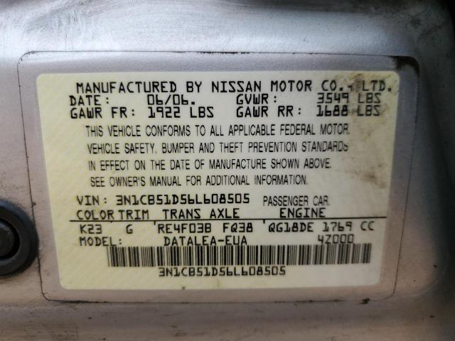 3N1CB51D56L608505 - 2006 NISSAN SENTRA 1.8 SILVER photo 12