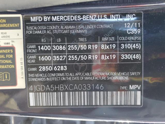 4JGDA5HBXCA033146 - 2012 MERCEDES-BENZ ML 350 4MATIC BLACK photo 13