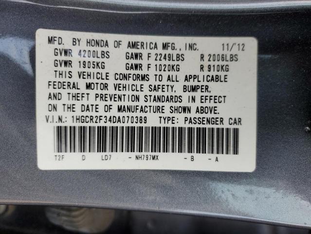 1HGCR2F34DA070389 - 2013 HONDA ACCORD LX GRAY photo 12